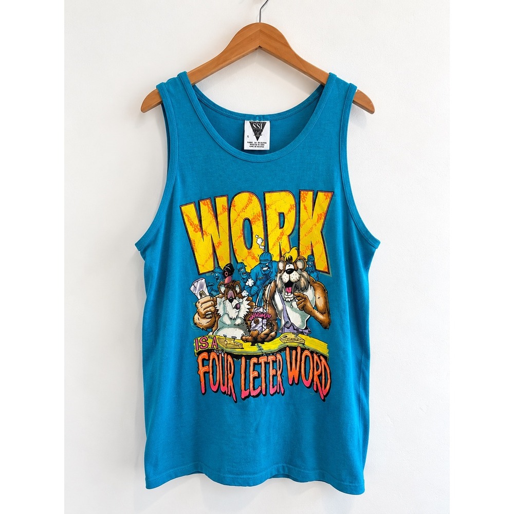 Vintage SSI Work Is A Four Letter Word Graphic Tank Top Teal Blue Large USA Made